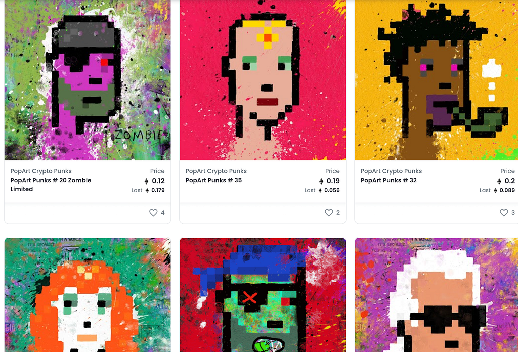 A screenshot of Pop art CryptoPunks on OpenSea.