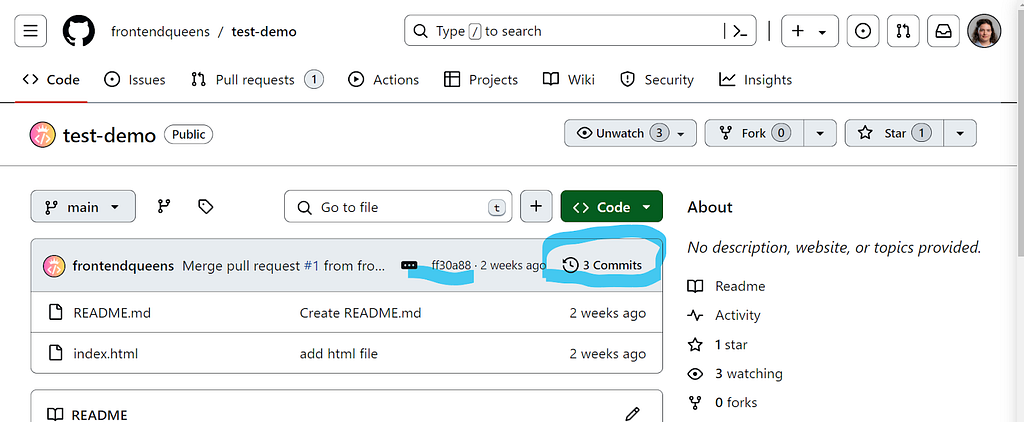 Screenshot of merge pull request with commit’s hash highlighted and the number of commits