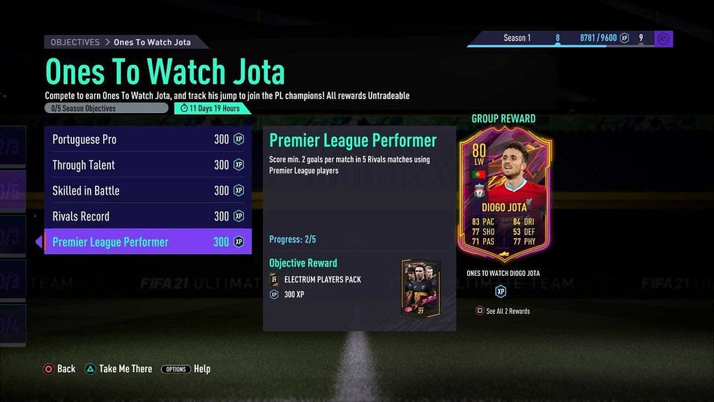 Tela do jogo FIFA 21, onde pode se ver a carta especial do Diogo Jota a direita, uma lista de objetivos a esquerda, e a descrição do objetivo e o progresso do jogador ao centro.