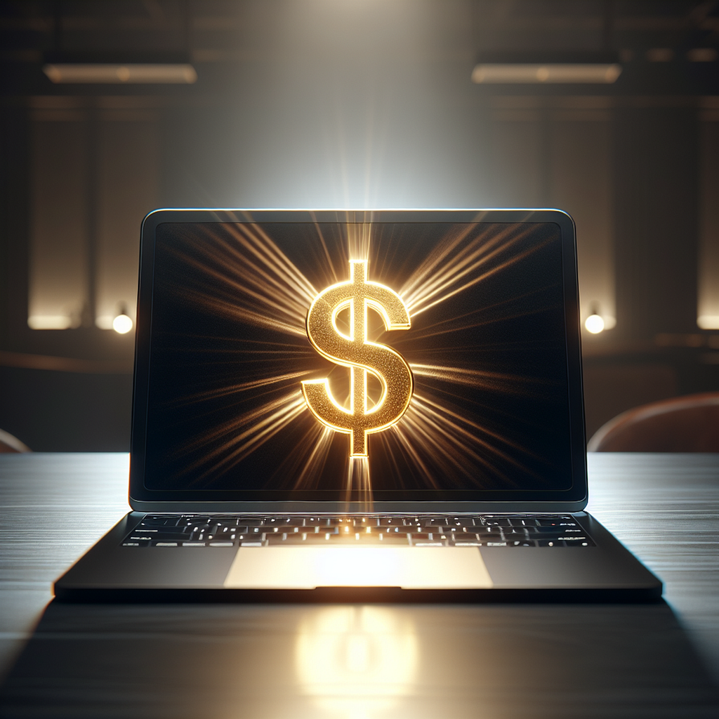 A modern laptop on a dark wooden desk with a shiny, gold dollar sign on the screen.
