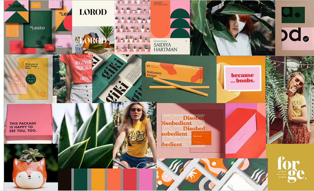Mood board for new plant e-commerce site shows usage of bold pinks, greens, and yellows.