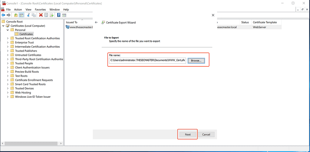 Export the Certificate With Private Key In PFX Format