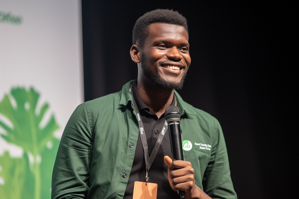 A young man, speaking at a conference or event, raising awareness about climate change and sharing his data-driven solutions, reflecting his leadership in the fight against climate change, inspiriting, bringer of hope