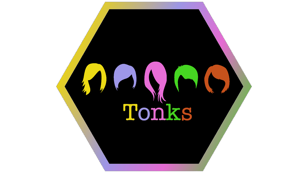 Hexagonal icon that says Tonks and has five different hairstyles pictured all in neon colors.