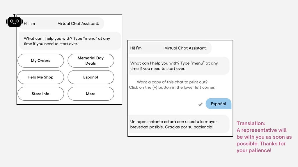 image of a welcome message in a bot that has a button “español” and selecting the button connects the customer directly to an agent who speaks Spanish