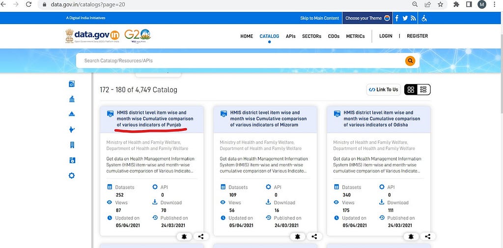 selecting a catalog in data.gov.in