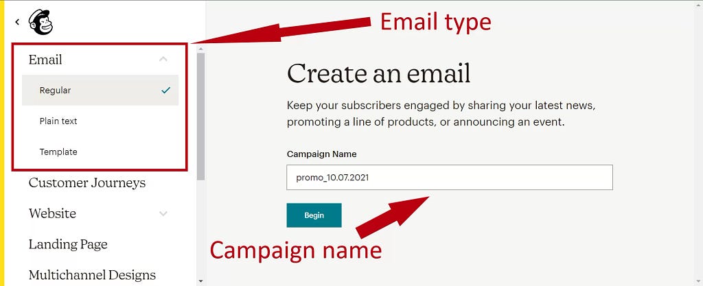 Creating an email and naming the campaign.