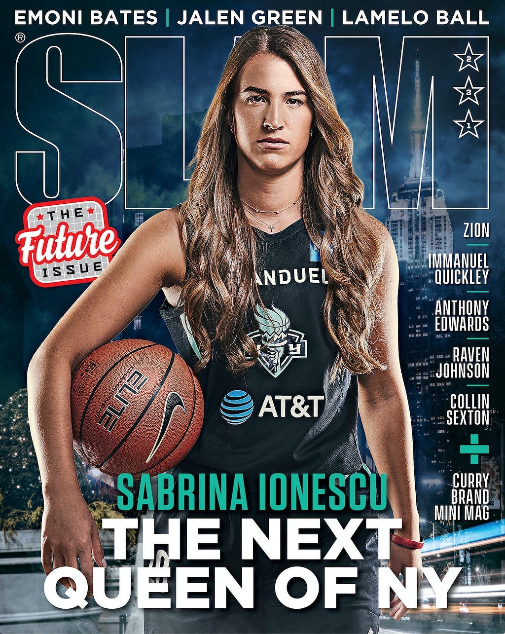 Sabrina Ionescu holding a basketball on her hip on SLAM Magazine cover