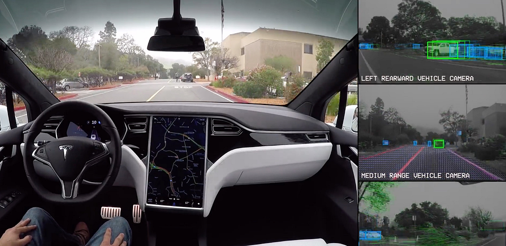 A futuristic view of the dashboard of a Tesla car, with vehicle detection of cars on the side of the road, as well as left, medium and right range identification capabilities of other objects alongside the road.