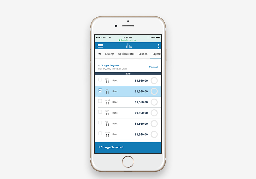 Mobile device featuring the all new Rentalutions payment interface