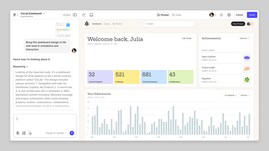 Example of Figma Make, a new prompt based design tool within Figma.