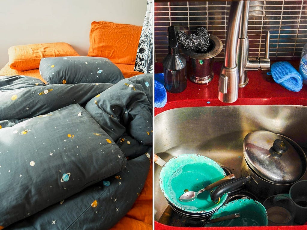 An unmade bed and a sink full of dishes.