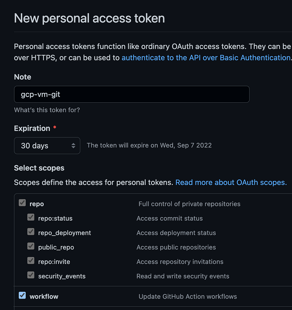 The image is a screenshot of GitHub page where yo create a personal access token. In the slect scopes section, we ticked “repo” and “workflow”.