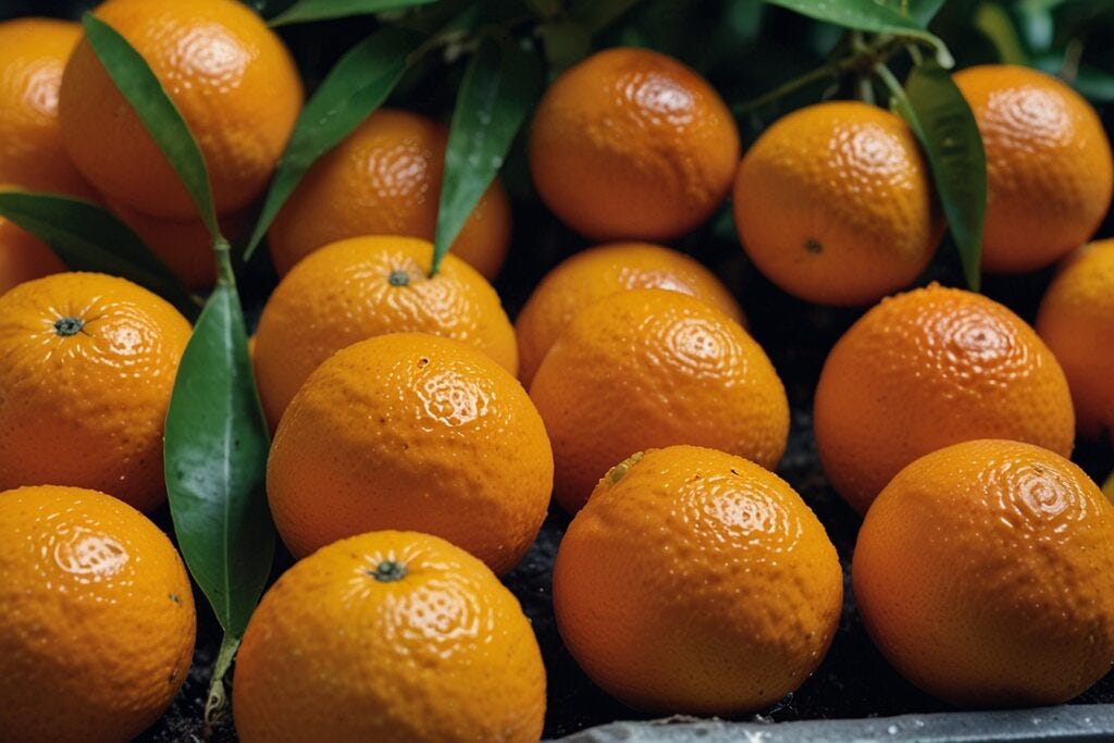 Close-up of fresh, dewy hydroponic oranges with green leaves, highlighting their vibrant orange texture and natural sheen.