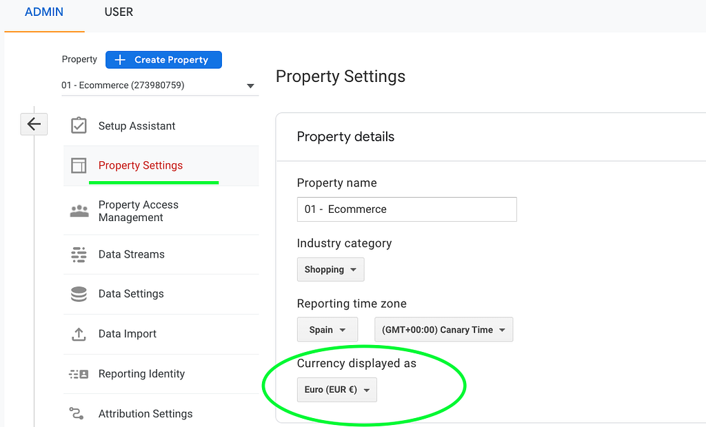 Property settings, adding local currency to GA4