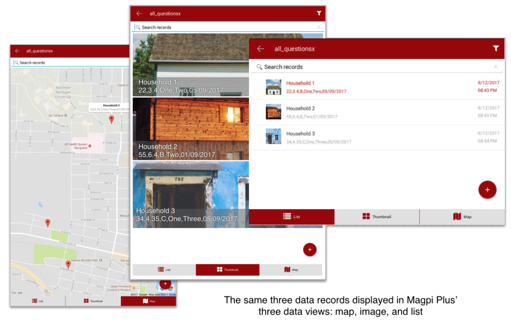 Three data views in Magpi Plus