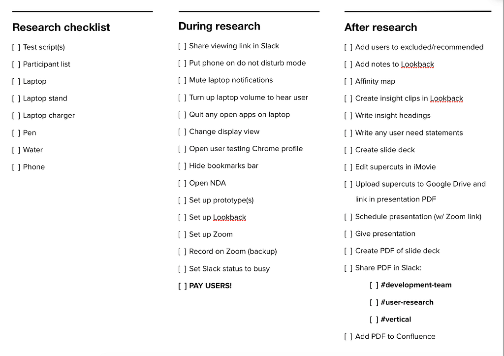 3 checklists with tasks to do during research.