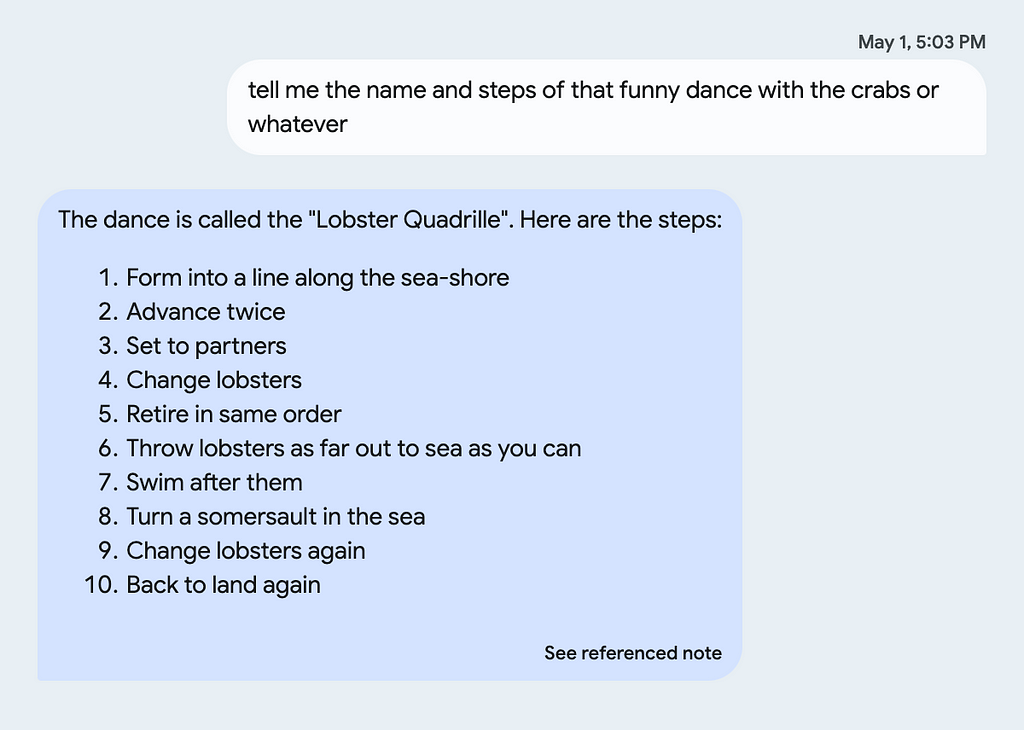 An AutoNotes screenshot of a chat exchange between the user and Gemini. On the right, the user’s query reads: “tell me the name and steps of that funny dance with the crabs or whatever.” Below that on the left is Gemini’s response.