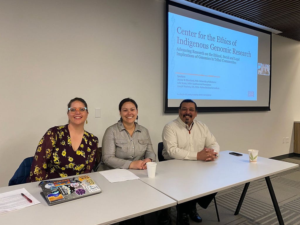 Jessica Blanchard, Julie Beans, and Joseph Yracheta from the Center for the Ethics of Indigenous Genomic Research (CEIGR) leading a bioethics training at Variant Bio, March 2023.