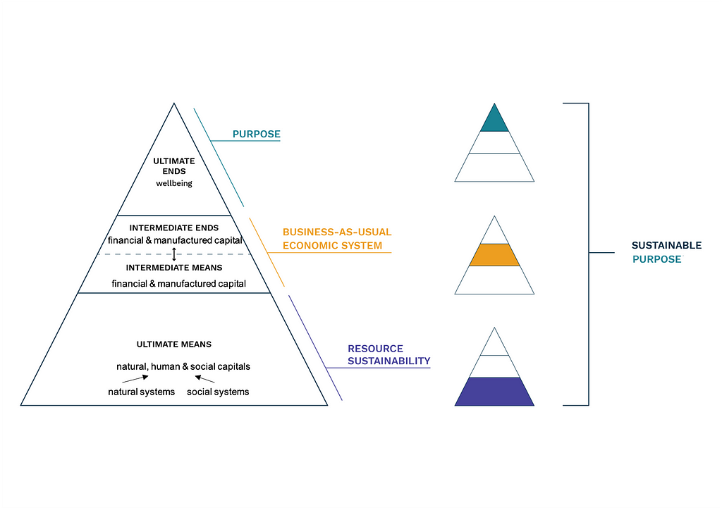 Diagram describing what a sustainable purpose of a business is compared to business-as-usual (BAU) and CSR/BAU (focuses on driving intermediate ends via intermediate means), enlightened self-value (ESV) (driving intermediate ends via ultimate means) and purpose (driving ultimate ends via intermediate (and not necessarily ultultimate means). https://commons.wikimedia.org/wiki/File:Sustainable_Purpose_depicted_in_a_modified_Daly%27s_Triangle.png