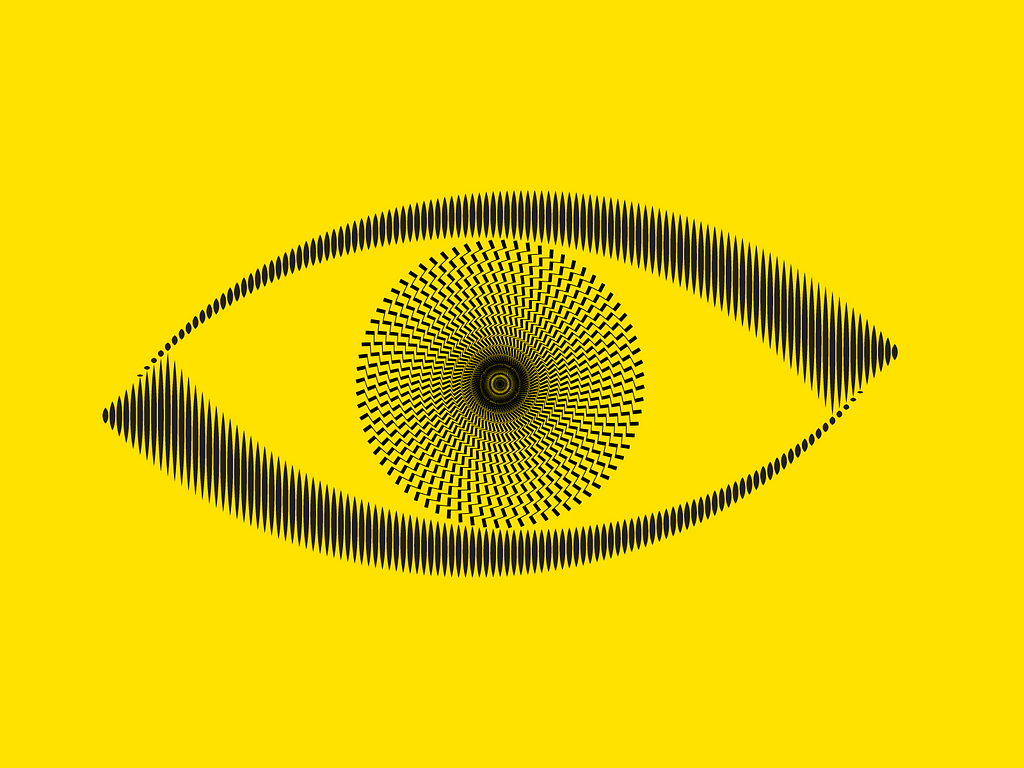 Large graphic of an open eye made up of small lines