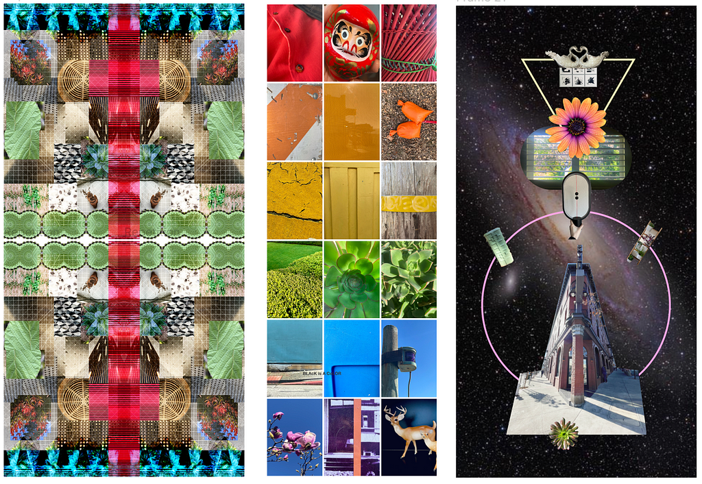 Three compositions: abstract graphics, photographs arranged by color, and a collage with a building, flower and other graphics with a photo of a galaxy as the background