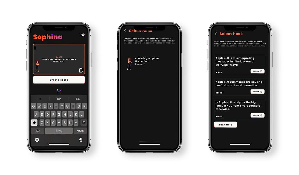 Two screens from the Sophina app, the first shows the interface within which a user pastes their text article and the second says “select hook” and shows a cartoon of a woman with the text “analysing script for the perfect hooks”.