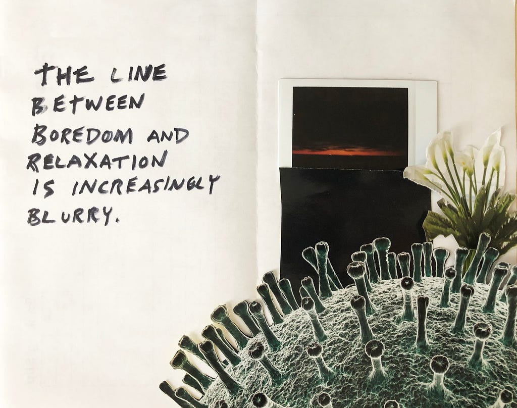 A Quaranzine entry: The phrase “The line between boredom and relaxation is increasingly blurry” is written in all caps on the left. On the right, there’s a collage of a photo of white flowers, a black square, a photo of a dark sunset, and a zoomed in virus cell.