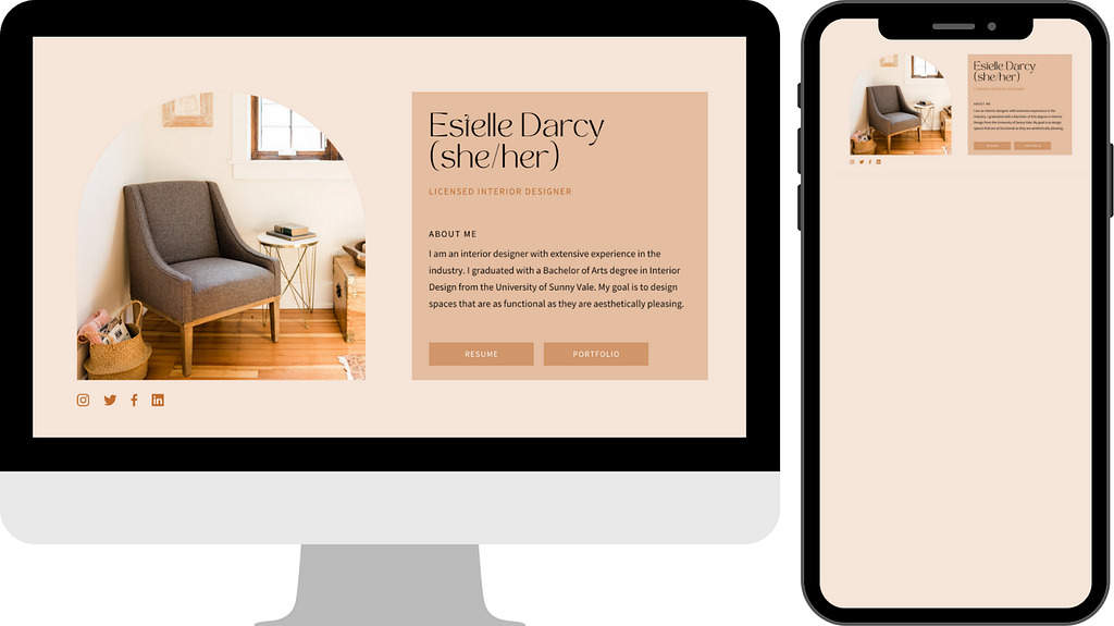 A beautiful Canva template featuring a sofa, coffee table with a book on it and wooden flooring in a well-lit apartment. The template is states “Estelle Darcy” with resume and portfolio buttons. They are illustrated on a desktop and mobile device to show the difference in scaling, with the mobile version scaled to look too small that it’s no longer legible.