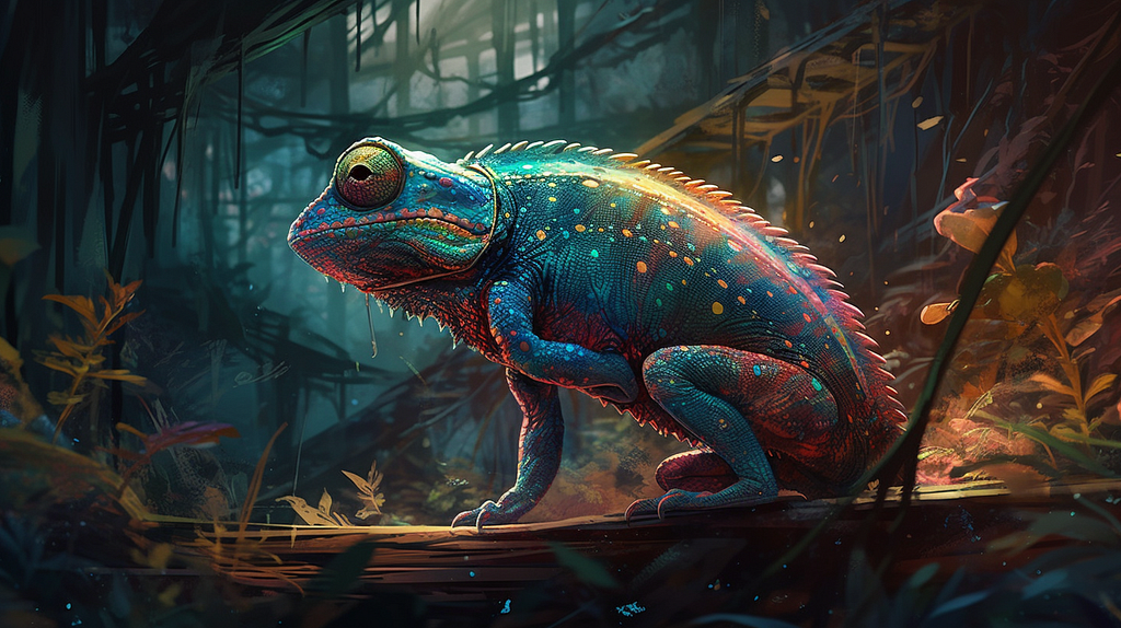 A highly detailed digital painting of a chameleon with vivid blue, red, and green scales perched on a branch in a dark, lush forest. The chameleon stands out with its textured skin against the mysterious and moody backdrop of the jungle.