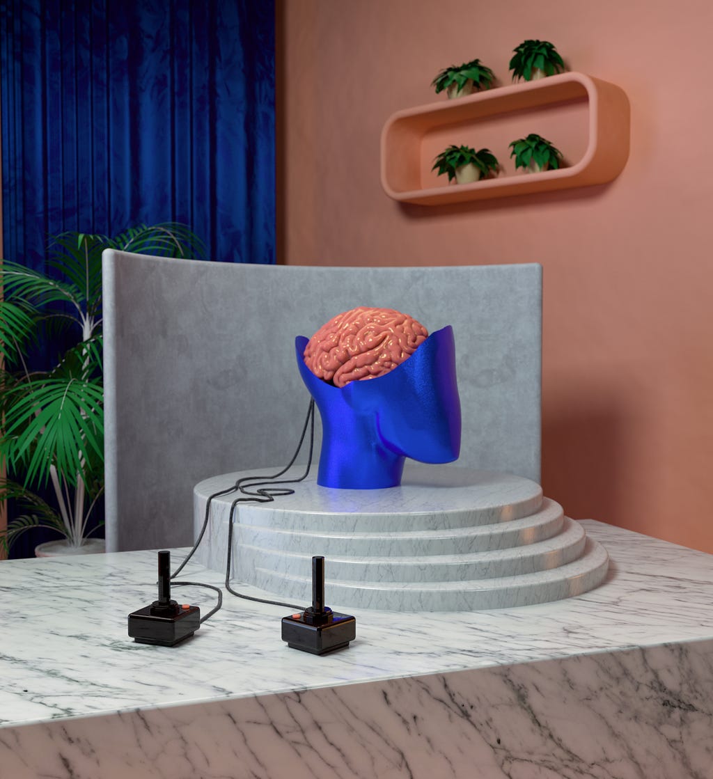 A reproduction of a human brain sits inside a sculpted head on a pedestal, with a pair of old videogame controllers wired to it.
