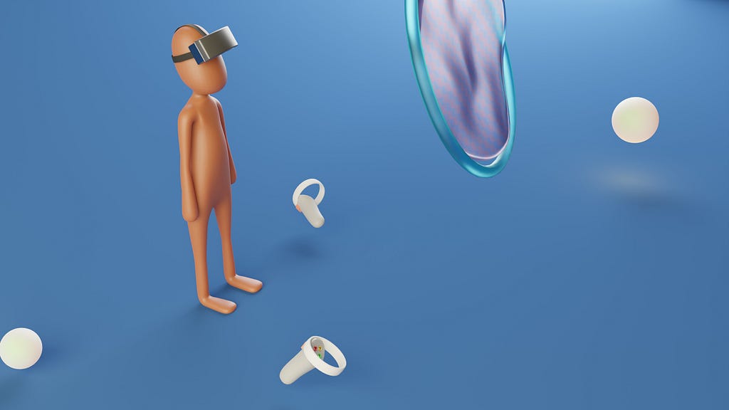 An abstract human figure wearing oculus goggles in a metaverse