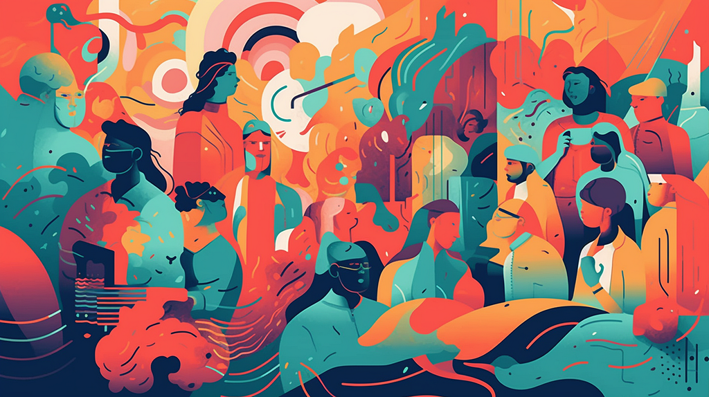 An abstract, colorful illustration featuring a collection of stylized human figures in a variety of poses and expressions, interspersed with organic shapes and fluid forms. The figures are depicted in a modern, flat design with a rich palette of oranges, teals, and greens, creating a dynamic and harmonious composition.