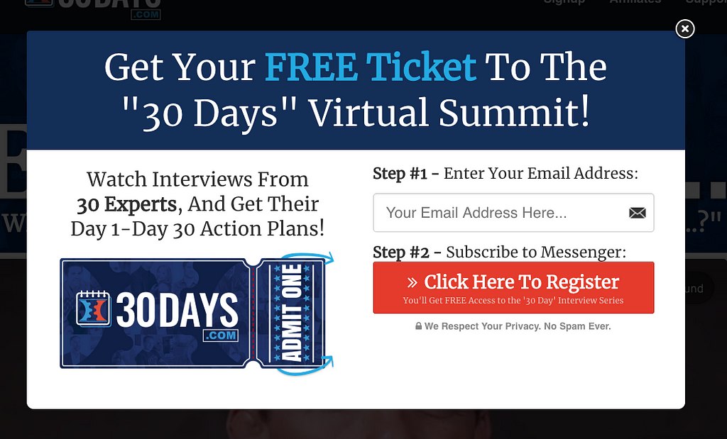 This is 30days.com optin popup window on clickfunnels