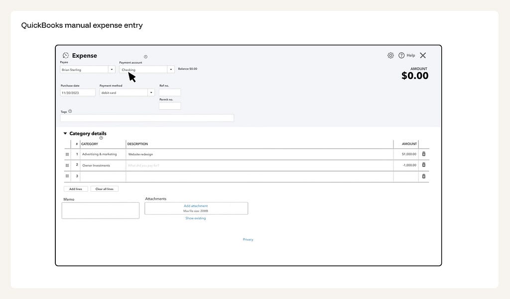 QuickBooks expense form with empty fields for Payee, Payment account, Purchase date, Payment method, Ref no., Tags, Category, Description, and Amount — all requiring manual input.