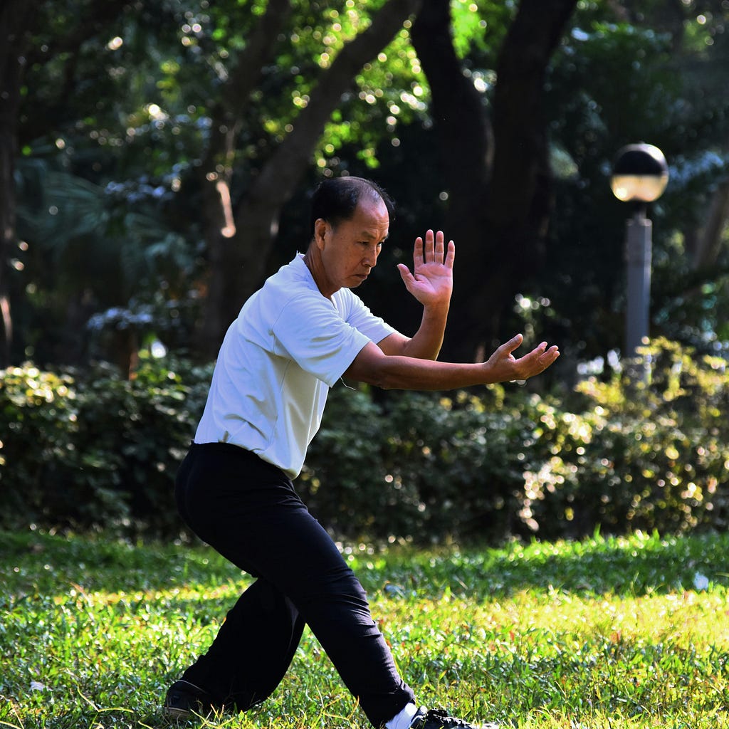 A man practising Tai chi in a park.