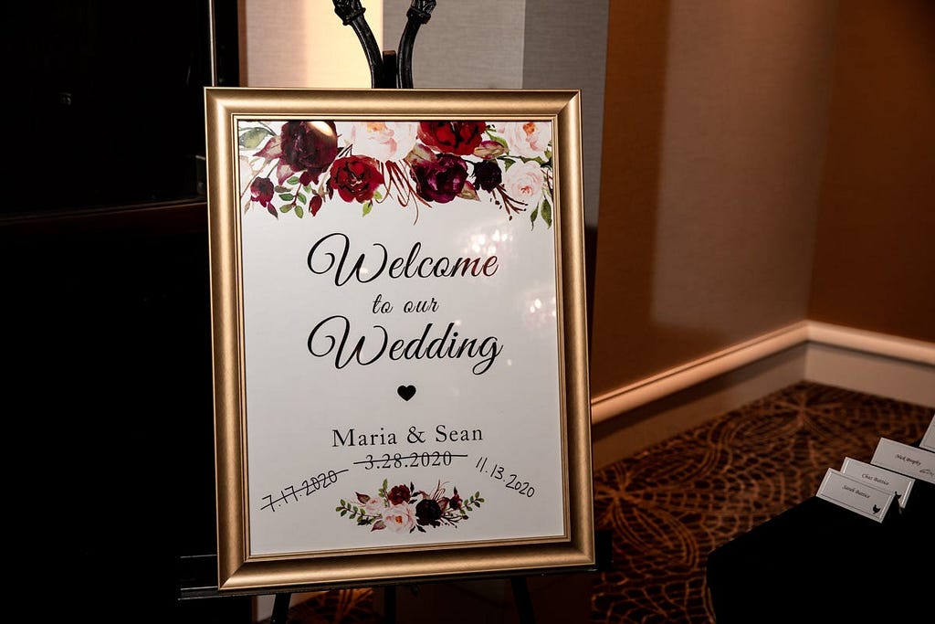A “Welcome to Our Wedding” sign.
