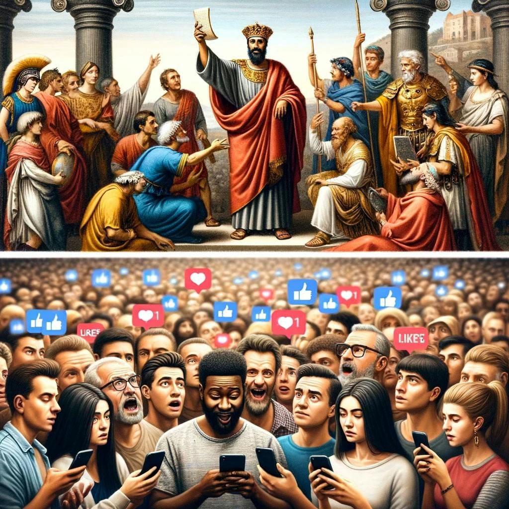 Split-image meme contrasting historical and modern influence. Top half: Roman or Byzantine emperors in regalia, issuing a decree to a crowd, representing the Edict of Thessalonica. Bottom half: A group of people using smartphones, surrounded by social media ‘like’ and ‘share’ icons, displaying various expressions from confusion to being overwhelmed.