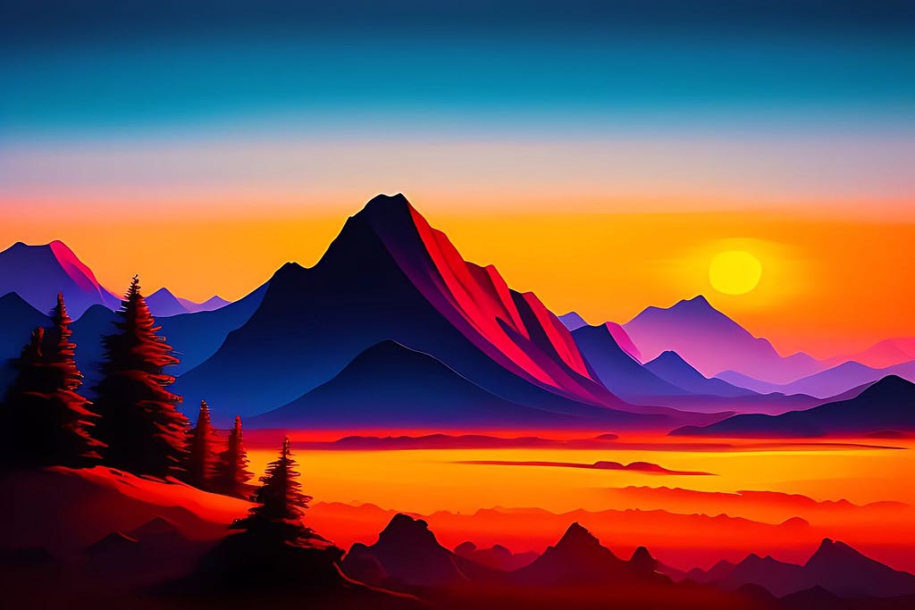 AI-generated stylized painting of a mountain range at sunset.