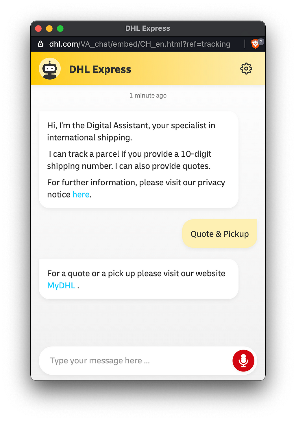 DHL chatbot discussion about quotes and pickups options