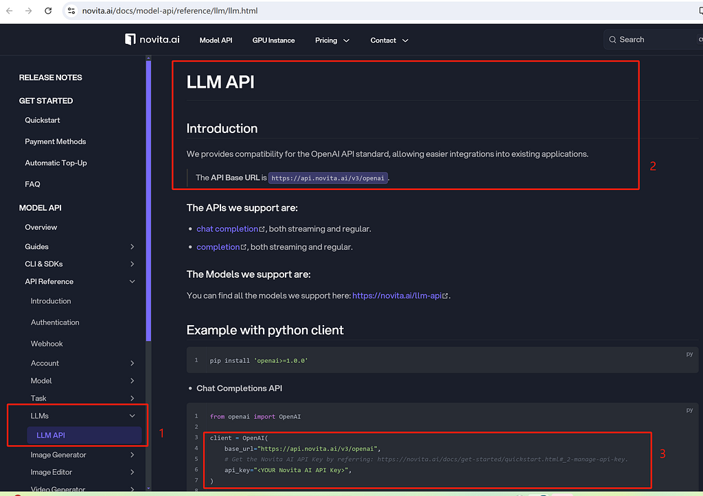 Novita AI LLM API, reference for developers, examples, sample code