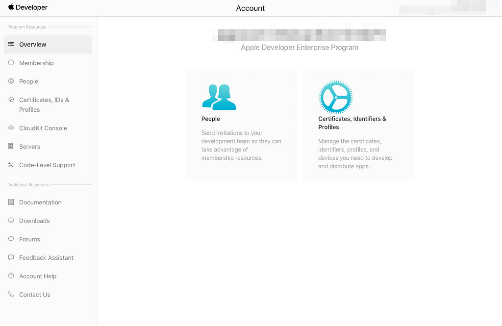 A view of the Apple Developer Portal Overview page
