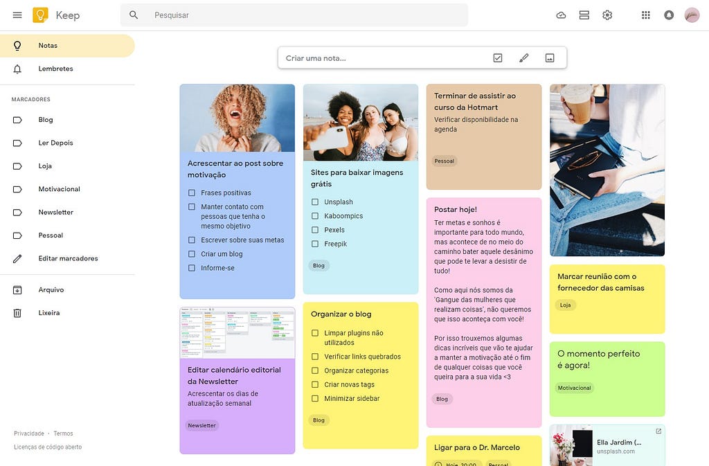 Imagem do Google Keep, mostrando sua interface amigável e colorida.