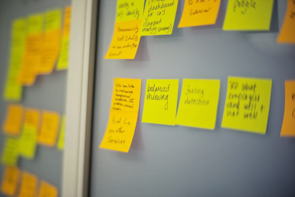 A wall with yellow sticky notes.