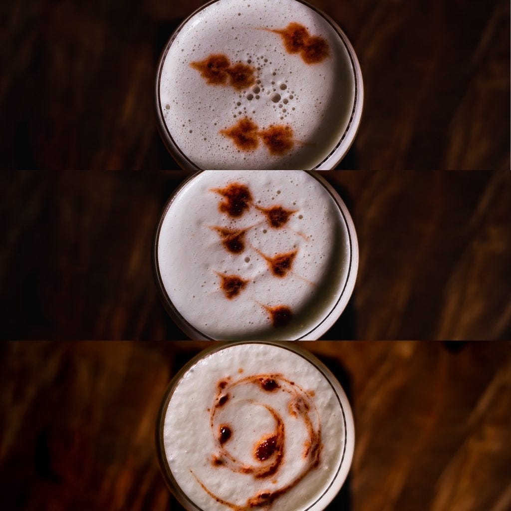 Top down shot of three Whiskey Sours. Each drink was made with a different dry shake technique