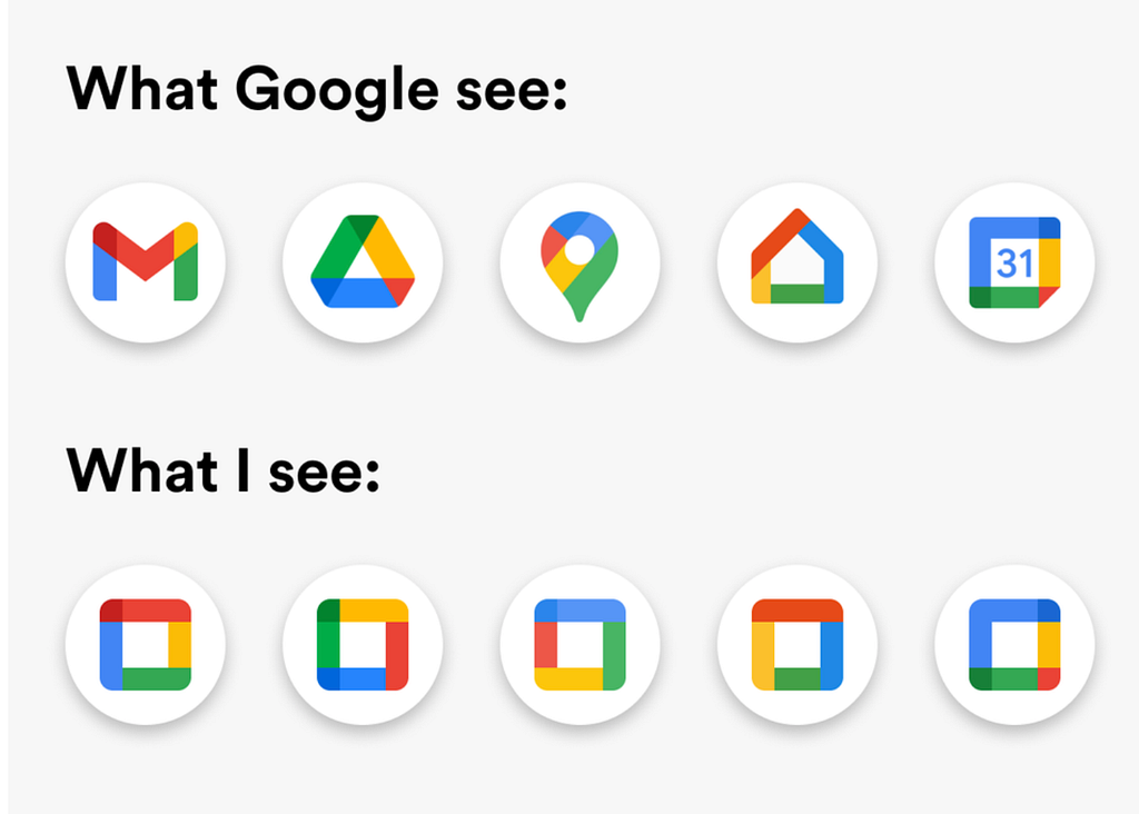 Google’s new icons on top with square boxes beneath them to depict that all icons look basically the same now