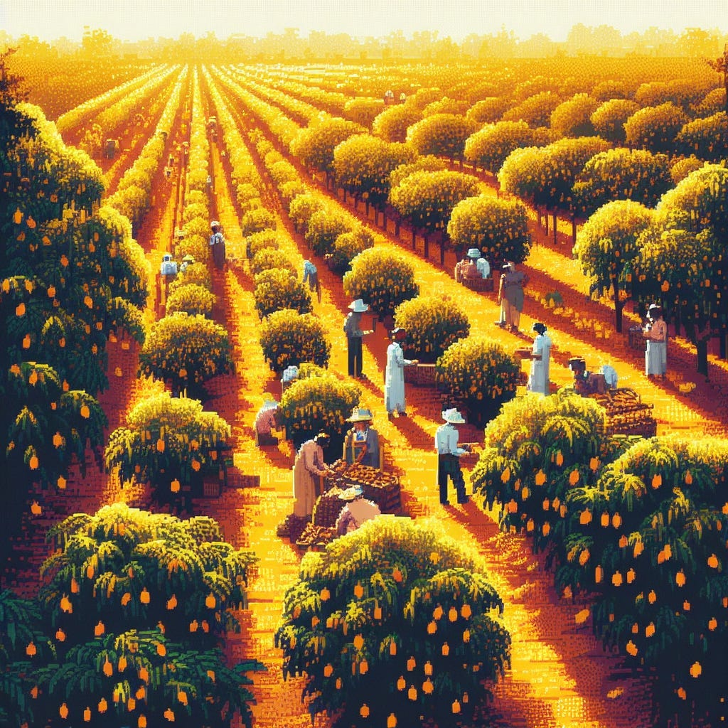 A colorful painting of a group of mango farmers working in the field, in the style of 1800s, pixel art