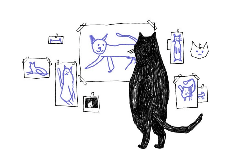 A sketch of a cat standing in front of images of a cat taped onto a wall.