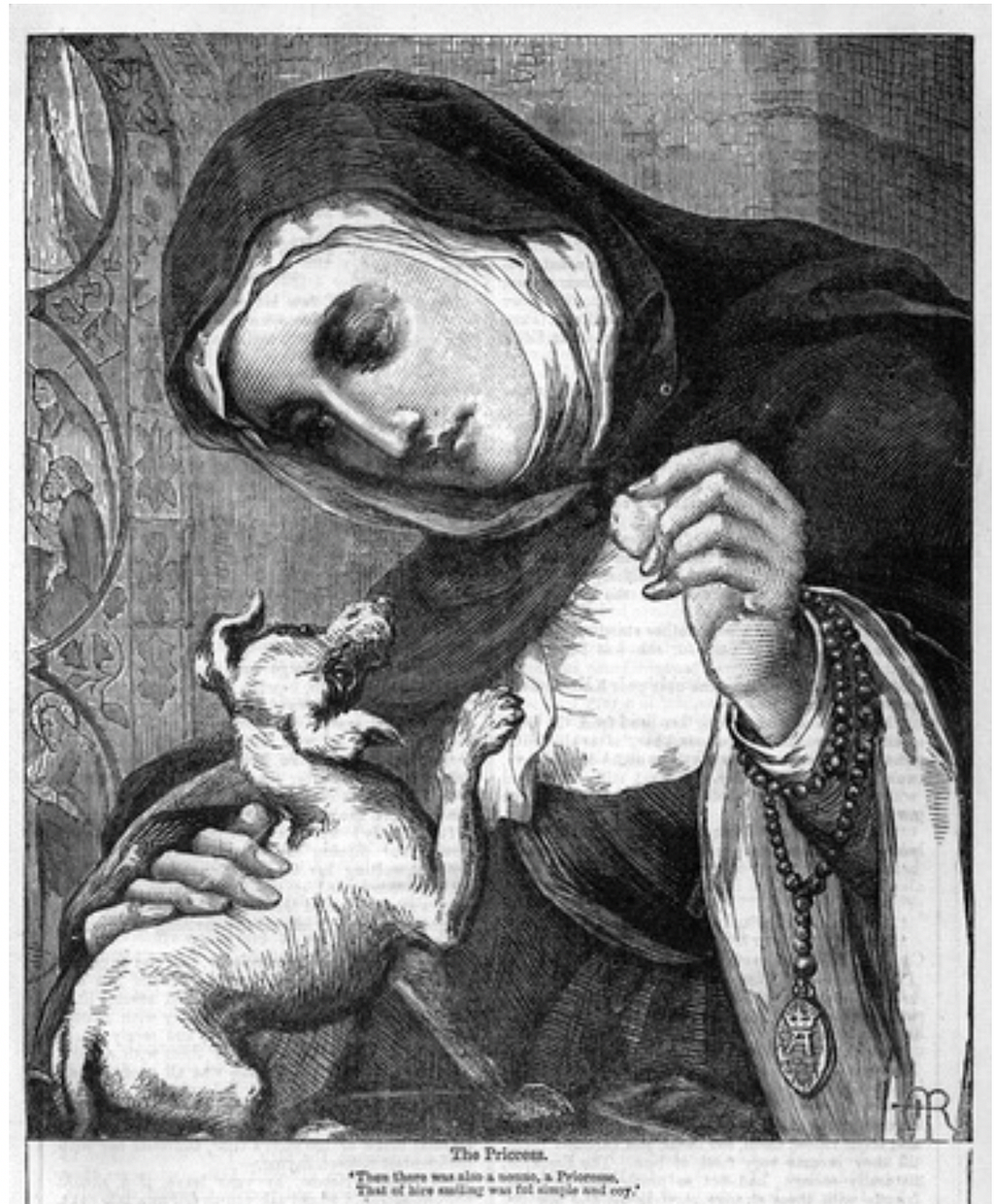 An engraved illustration of the Prioress depicting the character in religious habit, a rosary wrapped around her left wrist. She gazes down towards the bottom left at one of her little dogs, her right hand placed upon its back, and holding a bit of white bread in her right hand. The dog looks up at her and affectionately extends its right paw towards her.