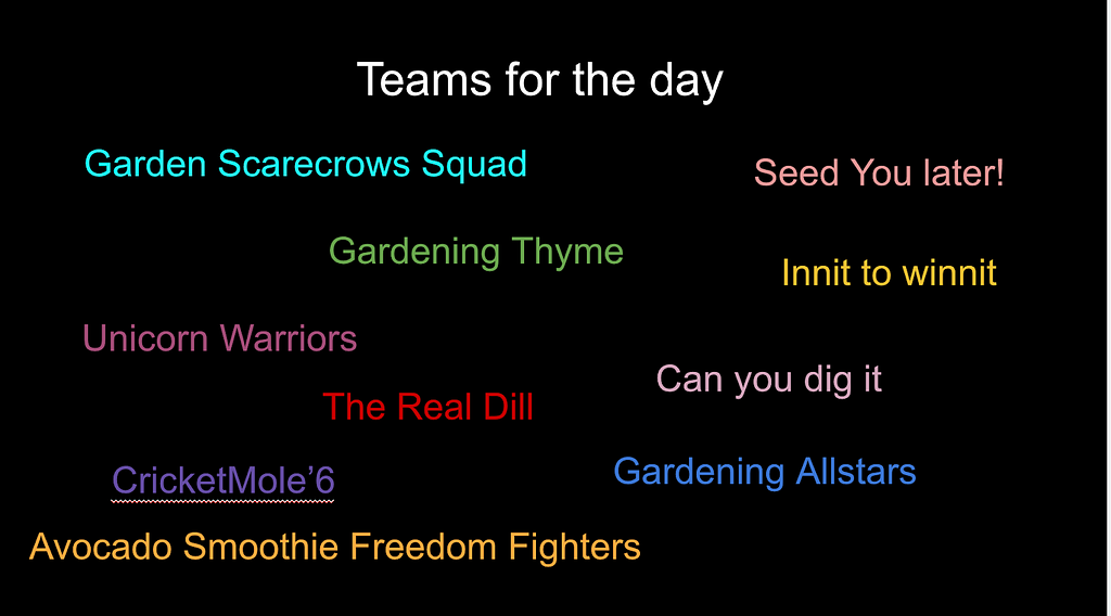 A slide that shows the names of the Gardening Day teams.